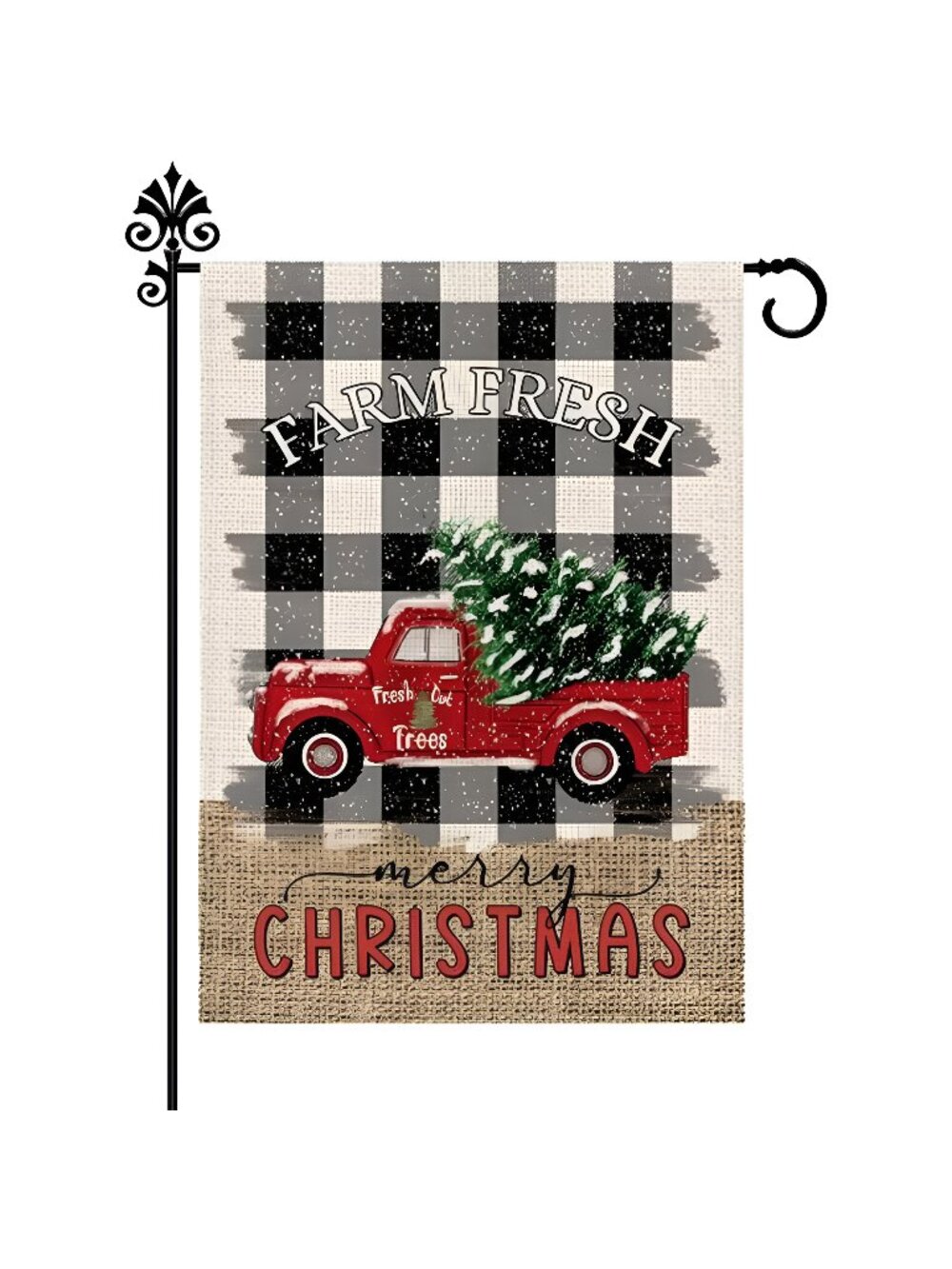 Farm Fresh Red Truck Tree Buffalo Check Winter Merry Christmas 12.5 x 18 Inch